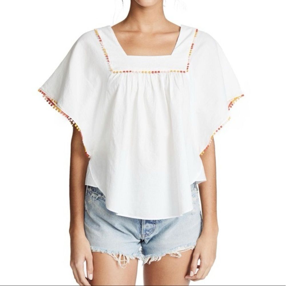 Madewell White Square-Neck Embroidered Pom Pom Blouse